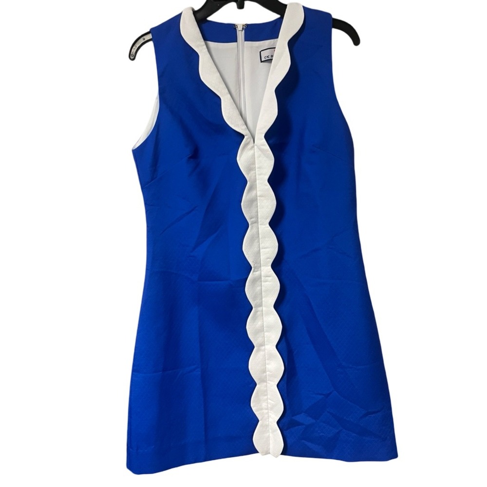 CK Bradley Blue Scalloped Trim Sleeveless Mini Dress Preppy Shift Size M